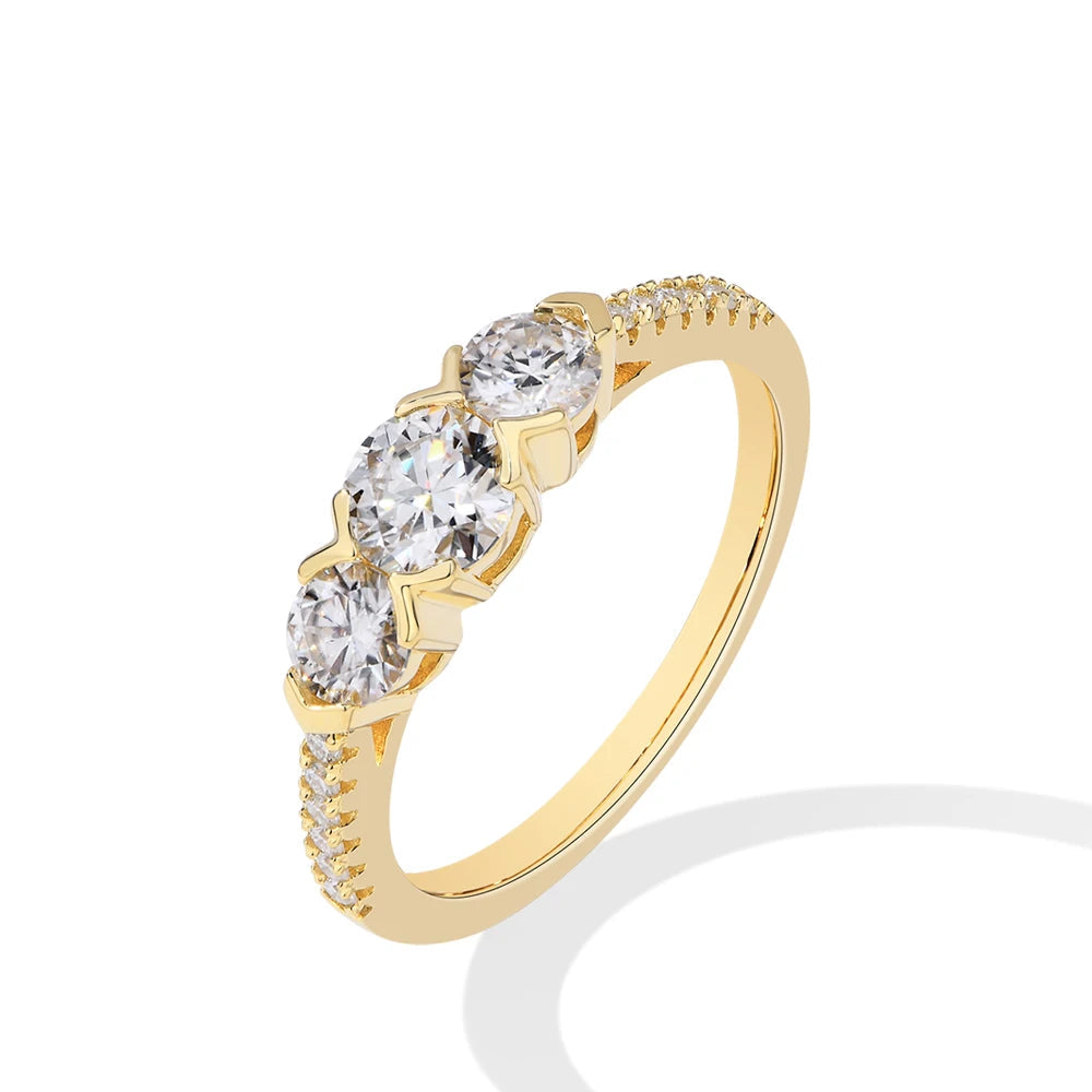 Anel de Moissanite Três Pedras Banhada a Ouro Joia de Noivado