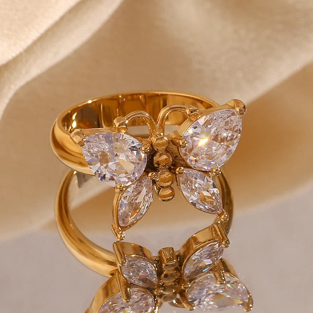 Anel de Borboleta com Zircônia de Ouro