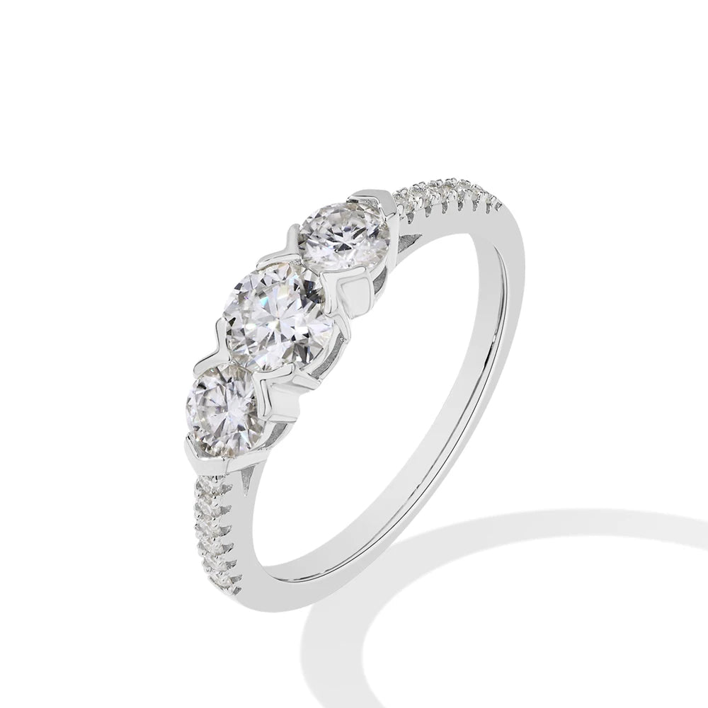 Anel de Moissanite Três Pedras Banhada a Ouro Joia de Noivado