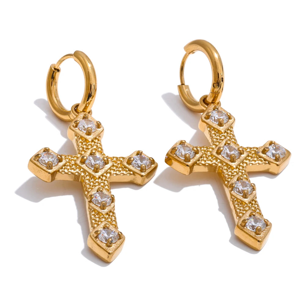 Brincos de Argola com Cruz e Zircônia Banhado a Ouro