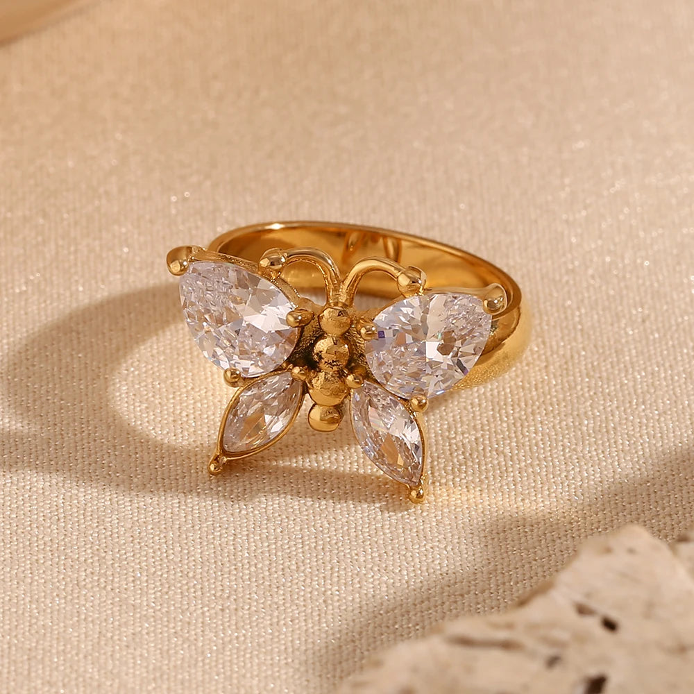 Anel de Borboleta com Zircônia de Ouro