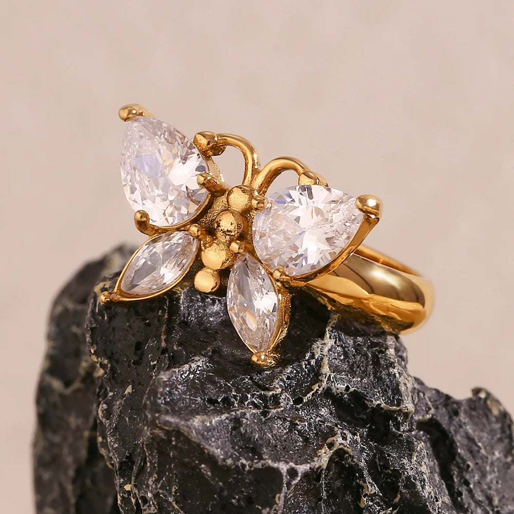 Anel de Borboleta com Zircônia de Ouro