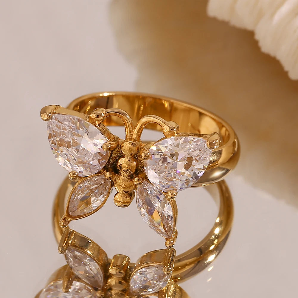 Anel de Borboleta com Zircônia de Ouro