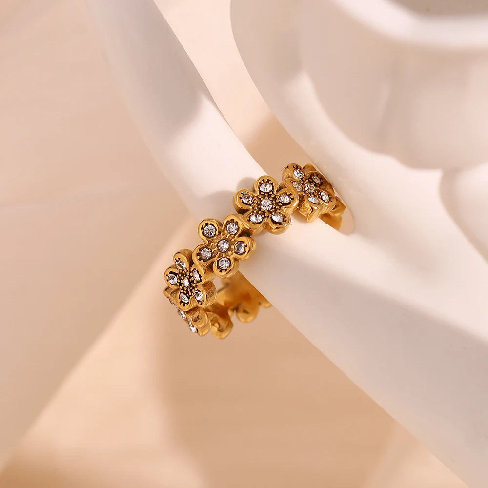 Anel Zircônia Florais Banhado a Ouro